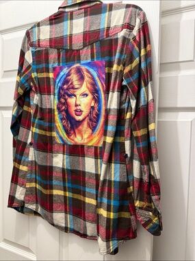 Plaid Flannel Button-Up Shirt with Colorful Back Patch - Multicolor